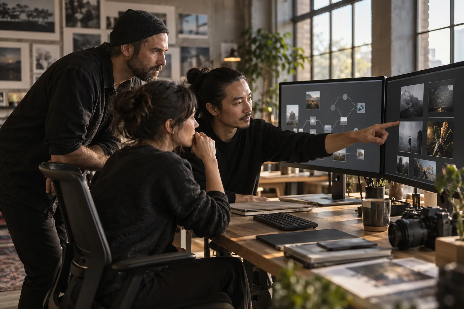 Three collaborators reviewing visual work and a connected workflow across two studio monitors.