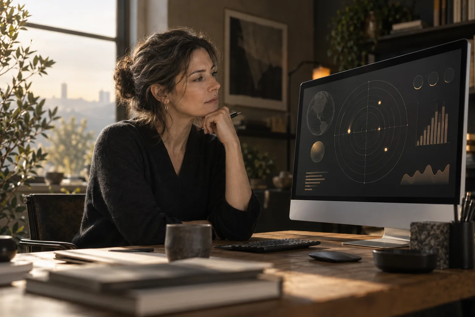 A person thoughtfully studying abstract charts on a monitor in a warm studio setting.