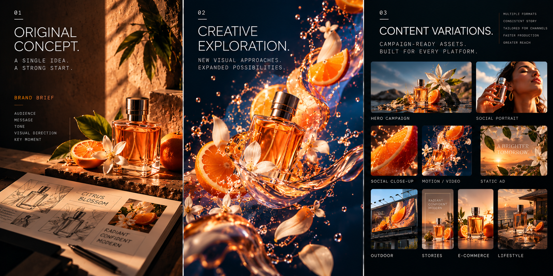 Citrus fragrance concept in three panels: Original Concept, Creative Exploration, and Content Variations. A text description follows.